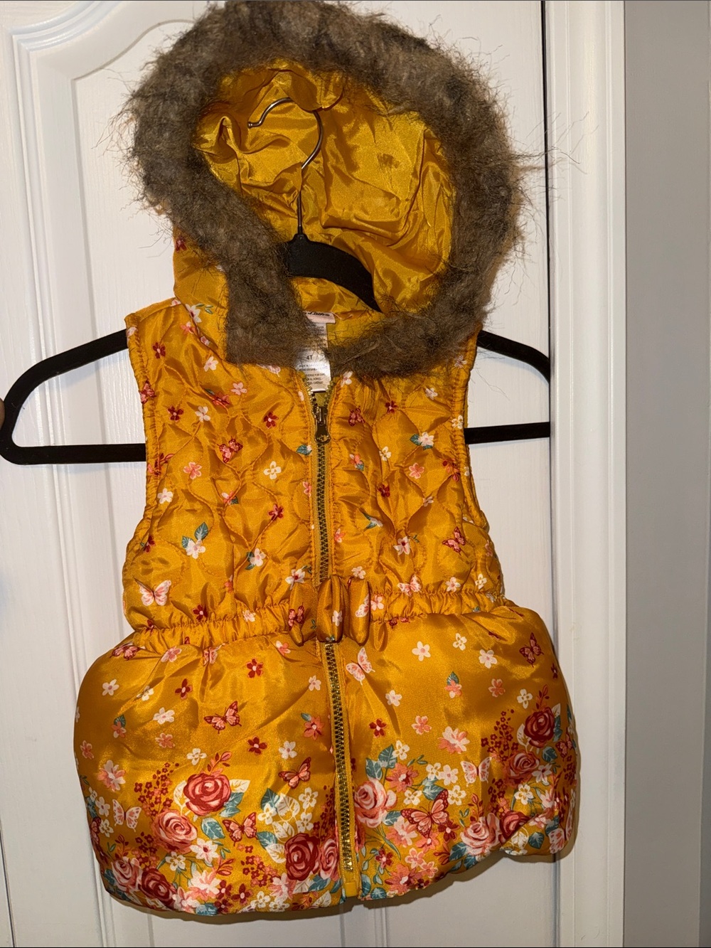 Girls' Mustard Yellow Floral Hooded Puffer Vest
